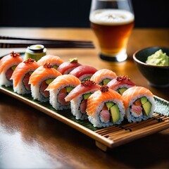 Sushi maki rolls with salmon on plate. Japanese traditional seafood.