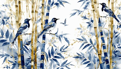 watercolor bamboo design in blue and white with birds and birds on a white background in the style of dark gold and gray - Powered by Adobe