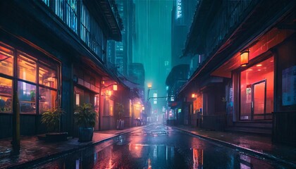 cyberpunk japanese streets asian street illustration futuristic city dystoptic artwork at night 4k wallpaper rain foggy moody empty future - obrazy, fototapety, plakaty