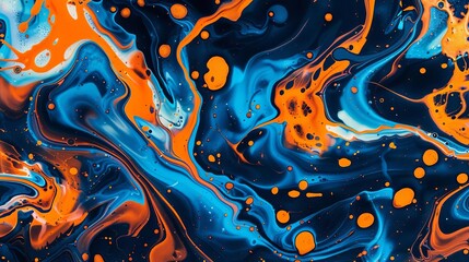 expressive abstract acrylic paint swirls in neon blue and orange modern art background - obrazy, fototapety, plakaty