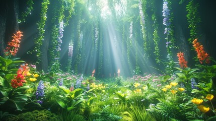   A verdant forest teems with countless flowers beneath trees illuminated by brilliant sunlight filtering through their branches