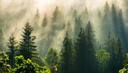 highres panoramic background of green forest with sunbeams through morning fog