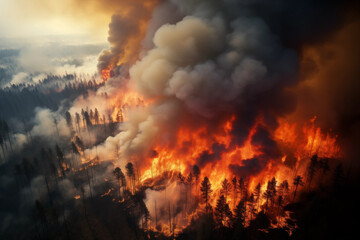 Fototapeta na wymiar Forest fire disaster, trees burning at night, wildfire nature destruction, damaged environment caused by global warming