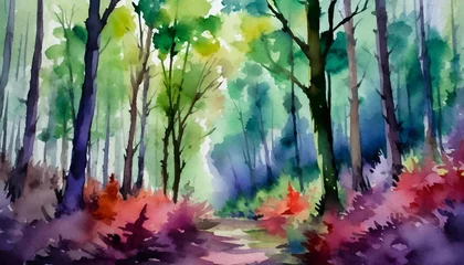  watercolor forest green beige and red trees bushes view of the forest landscape beautiful summer park © Nathaniel
