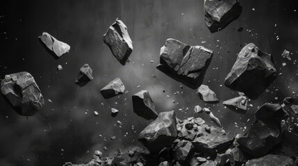 falling rocks on dark background black charcoal or graphite illustration