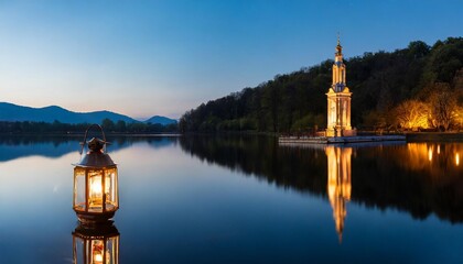 panoramic stunning photo of lantern reflected on a lake with mirror water surface