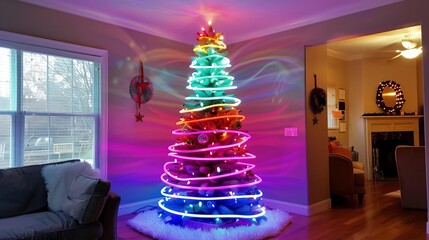 fantasy christmas tree composed of swirling lights and vibrant colors offering a modern twist on traditional holiday decor - obrazy, fototapety, plakaty