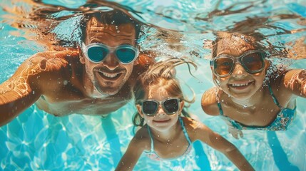 father and daughters swimming underwater in pool family fun and bonding digital painting - obrazy, fototapety, plakaty