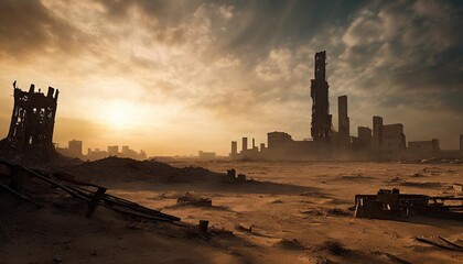 a post apocalypse desert with ruined city sky scraper in the distance - obrazy, fototapety, plakaty