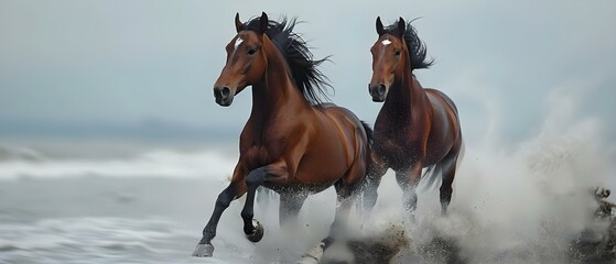 Synchronous Equine Rhythm by the Sea. Concept Horseback Riding, Beach Scenery, Equestrian Lifestyle, Ocean Views, Synchronized Movements - obrazy, fototapety, plakaty