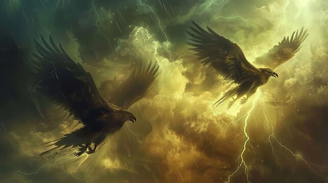 ferocious thunder hawks ruling the skies with lightning and thunder powerful digital painting