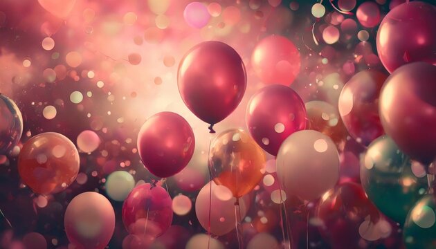 a vibrant mix of floating balloons and bubbles in a dreamy reddish pink atmosphere suggesting happiness and playful imagination