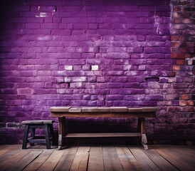 Purple Brick Wall With Wooden Table