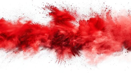 fiery red powder dispersing in explosive burst against stark white dynamic abstract background with vivid contrast - obrazy, fototapety, plakaty