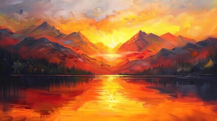 fiery sunset painting majestic mountain peaks and serene lake reflections landscape oil painting - obrazy, fototapety, plakaty