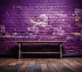 Purple Brick Wall With Wooden Table
