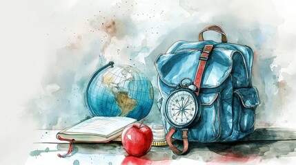 Drawn Back to School background with school supplies. AI generation.