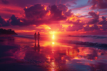 A couple strolling hand in hand along the beach, watching the sunset paint the sky with vibrant...