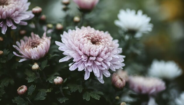chrysanthemums on a green background chrysanthemums and asters flowers delicate floral background in pastel colors autumn perennial flowers bush double chrysanthemum flower beautiful pink and