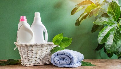 natural laundry detergent mockup washing detergent concept with bottles of washing gel or fabric softener on a white laundry basket on a green background with green leaves laundry day