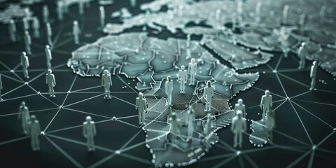 A map of northern Africa with many small white figures representing people standing on it, representing global digital connectivity and the online world Generative AI - obrazy, fototapety, plakaty