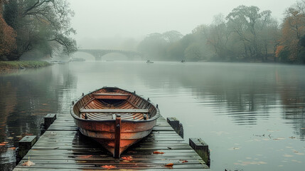 A Misty Morning on a Calm River with rowing Boats moored to a Wooden Jetty Wallpaper Background Cover Magazine Journal Illustration Brainstorming Digital Art - obrazy, fototapety, plakaty