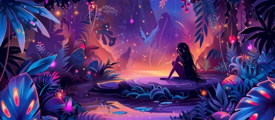 The girl is seated on a large rock surrounded by dense foliage in the jungle under the dark night sky