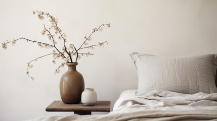 Relaxing bedroom decoration details of bed with natural linen textured bedding, muted neutral aesthetic colors	
