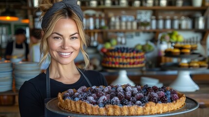   A woman joyfully faces a blueberry-raspberry pie