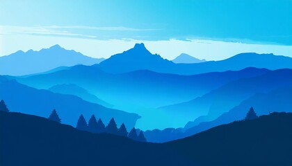 vector blue landscape with silhouettes of mountains and hills