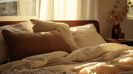Relaxing bedroom decoration details of bed with natural linen textured bedding, muted neutral aesthetic colors	
