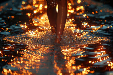 Woman's legs walking in water with golden glitter, luxury spa concept.