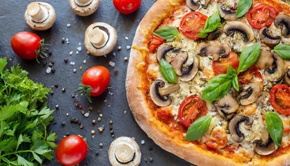 close up of tasty vegan pizza with mushrooms and tomatoes top view