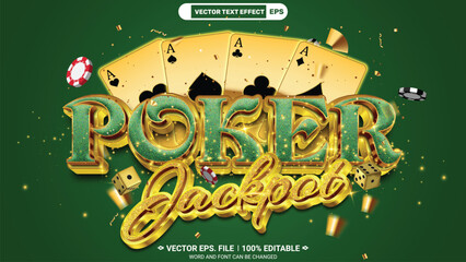 Poker jackpot web banner template with 3d editable vector text effect and playing poker cards and gold dice on green background - obrazy, fototapety, plakaty
