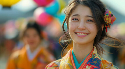 Fototapeta premium Smiling Woman in Colorful Kimono