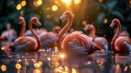 Group of Flamingos Standing in Water - Powered by Adobe