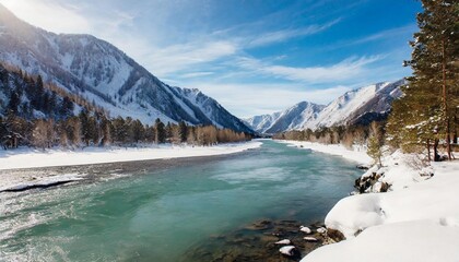 view of the white river with mountains in background in winter with snow north altai gorny altai republic russia