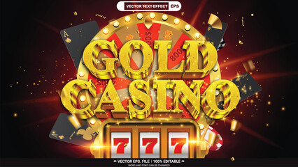 Gold casino editable 3d vector text style effect with casino fortune wheel, slot machine and plaing black poker cards on black background - obrazy, fototapety, plakaty