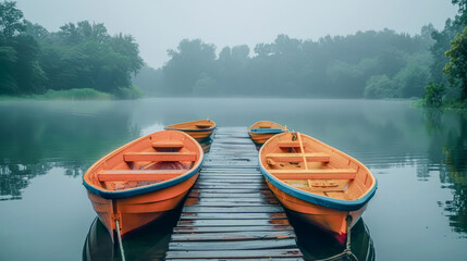 A Misty Morning on a Calm River with rowing Boats moored to a Wooden Jetty Wallpaper Background Cover Magazine Journal Illustration Brainstorming Digital Art - obrazy, fototapety, plakaty