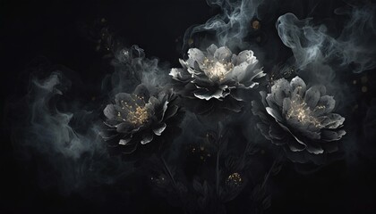 an abstract background image crafted for creative content featuring ethereal gray flowers enveloped...