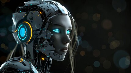 futuristic android robot with humanoid features and glowing blue eyes 3d rendering on black background