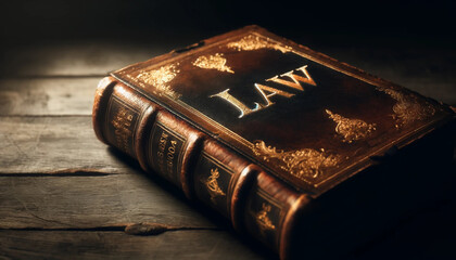 Close-up of an ancient leather-bound book, slightly opened. "Law" is written in gold letters on the spine. The book lies on a wooden table, and the dim light emphasizes its importance as the basis of 