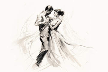 Graphic of Elegant Man and Woman Dancing. Ink Painting