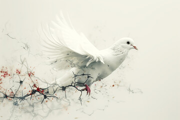 White Dove of Peace Jnjured by Barbed Wire. No War Concept