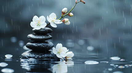Dark Misty Zen Pebbles with White Flower in Water During Rain