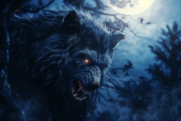 Scary Werewolf Growling Over Full Moon at Dark Night