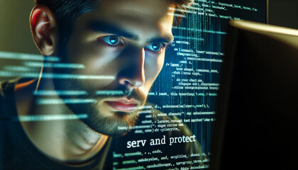Close-up portrait of a cybersecurity expert at a computer with lines of code visible in the screen reflection. The focus is on the person's concentrated face, embodying the theme of Serve and Protect 