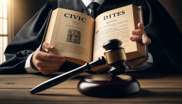 A law book held by a judge, with a gavel in the foreground. The book opens to a page that discusses civic duties, symbolizing the judges' commitment to "Serve and Protect" within the bounds of the law
