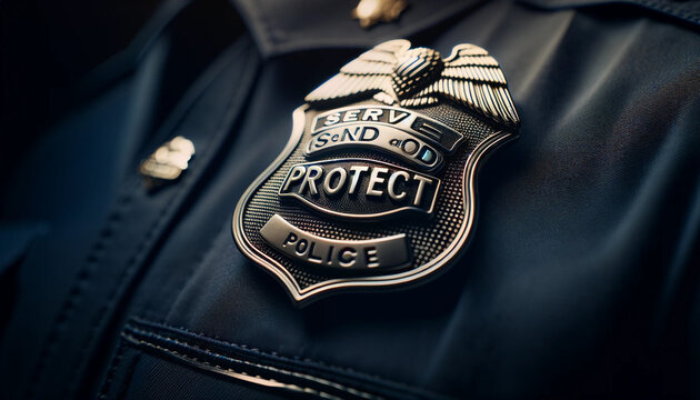 A close-up of a police officer's badge and the shiny badge and the words "Serve and Protect" engraved on it. The background is slightly blurred, highlighting the badge and part of the police officer's