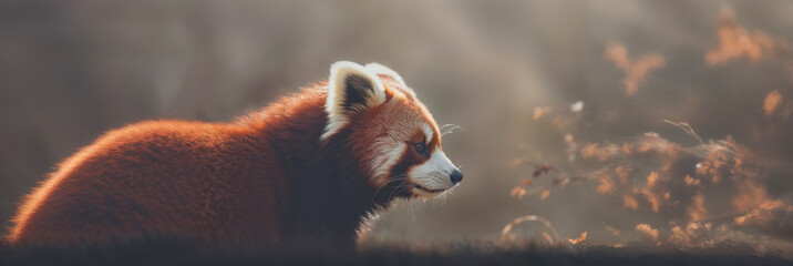 Close up of a red panda bear in a field